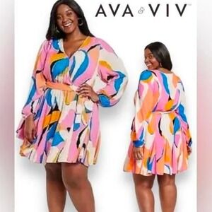 Ava & Viv Womens 1X 2X Abstract Print V-Neck Balloon Sleeve Mini Dress Pink Blue